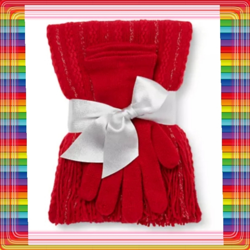 (Red) NY & Company Lurex Scarf & Gloves Gift Set